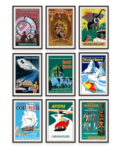 Vintage Disney Posters - Disneyland Ride Art Posters, Disney Wall Art, Disney Home Decor, Disney Room Decor, Disney Wall Decor, Disney Collectibles for Adults - Unframed Reproduction Set of 9 (11x17)