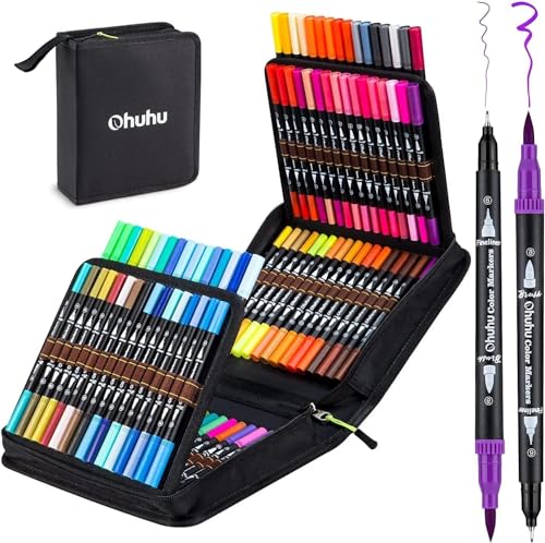 Ohuhu Markers for Adult Coloring Books: 100 Colors Brush Pens Dual Brush Fine Tip Drawing Pens Water-Based Coloring Markers for Calligraphy Bullet Journal with Carrying Case - Maui - Black