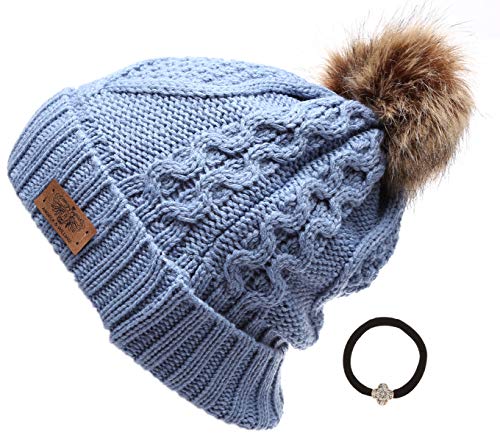 ANGELA & WILLIAM Women's Winter Fleece Lined Cable Knitted Pom Pom Beanie Hat with Hair Tie.(Indi Blue)