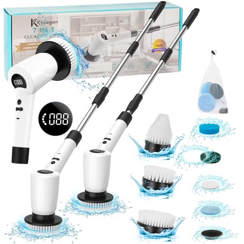 Electric Spin Scrubber, Upgrade Electric Spin Cordless Tub and Tile Scrubber with Adjustable Extension Arm, 3 Speed 7 Replaceable Cleaning Heads, Power Spin Scrubbers for Cleaning Bathroom, Floor, Car