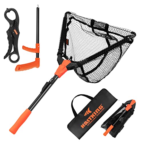 KastKing Pontus Fish Landing Net Combo, Foldable, Extendable, Lightweight & Strong Fish Landing Net with with Built in Length Scale, Fish Lip Gripper and Hook Remover, Fishing Gifts for Men