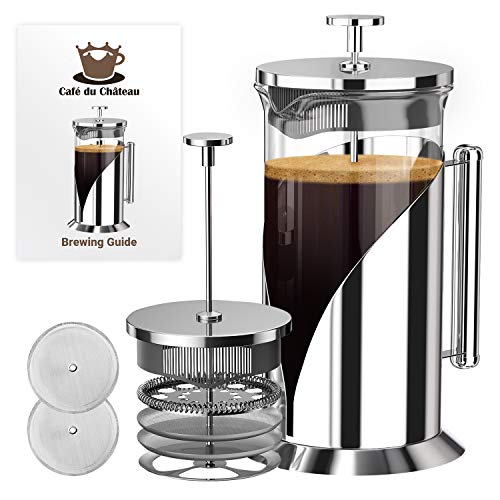 Cafe Du Chateau Stainless Steel French Press Coffee Maker - 34oz Versatile Coffee Press Coffee Maker with 4-Level Filtration, BPA Free, French Press Stainless Steel