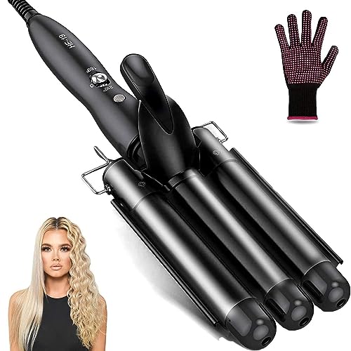 Hair Waver, 1 Inch 3 Barrel Curling Iron Wand 25mm Hair Crimper, Temperature Adjustable Heat Up Quickly Beach Waver Curling Iron Black