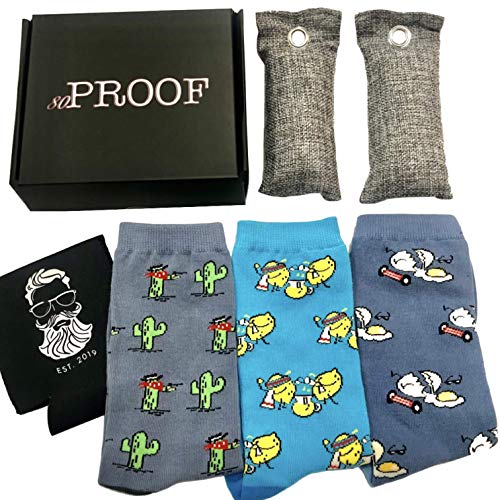 Premium Cotton Socks (3 Pairs) & Bamboo Charcoal Air Purifying Bags, Absorbs Odor for Sock Drawer / Gym Bag (2 Pack) w/ Gift Box for Men