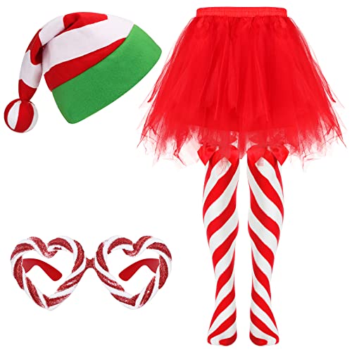 SATINIOR Christmas Costume Set Christmas Santa Hat Tutu Skirt Striped Tights Glitter Frame Christmas Glasses for Women(Vivid Style)