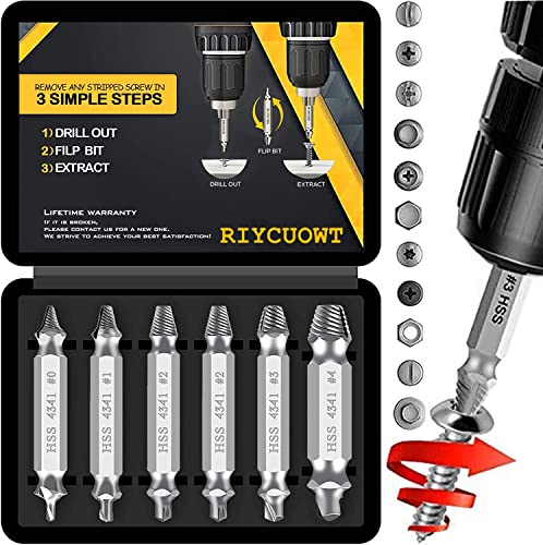 RIYCUOWT Damaged Screw Extractor - Remover for Stripped Head Screws Nuts & Bolts | ‎6-Piece Drill Bit Tools for Easy Removal of Rusty & Broken Hardware | High Speed Steel | Superb Gift for Men