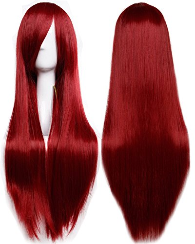 S-noilite 32inch Long Straight Wine Red Hair Wig Heat Resistant Cosplay Anime Costume Red Wig Halloweem Party Dark Red Wig for Women Burgundy Red Wig with Bangs