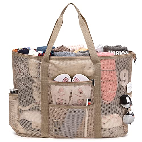 Eslcorri Mesh Beach Tote - Extra Large Beach Bag with 11 Pockets Foldable Tote Bag Womens Shoulder Handbag Oversized Casual Gift Pool Bag Travel Essentials for Swimming Gym Toys Kitchen 24.8x9.4x14.6