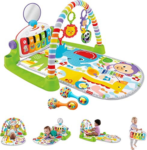 Fisher-Price Baby Playmat Deluxe Kick & Play Piano Gym & Maracas with Smart Stages Learning Content, 5 Linkable Toys & 2 Soft Rattles