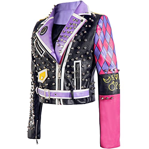 DARKSHE Women's Faux Leather PU Jacket, Graffiti Studded Rivet Punk Biker Moto Fashion Coat with Long Sleeve (DS007-L)