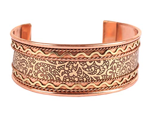 Touchstone handcrafted copper bracelet. Hand forged with solid and high gauge Tibetan style engraved cuff pure copper jewelry for women men. Beautiful embossed design.