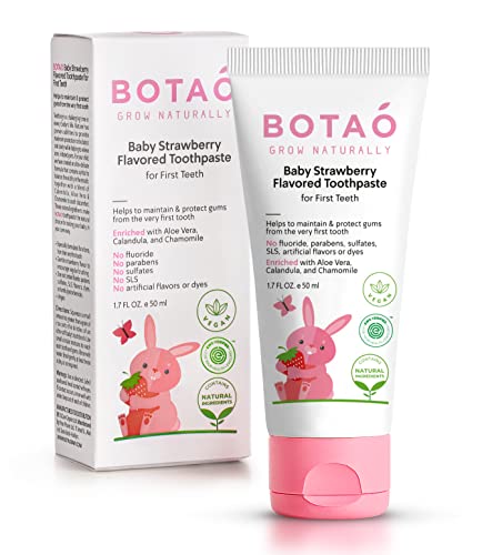 BOTAO Fluoride Free Baby Toothpaste | Strawberry Flavored - Organic Training Natural Toddler Toothpaste for Toddlers | EWG Verified, Vegan, SLS Free, Safe to Swallow, Aloe Vera -1.7Oz