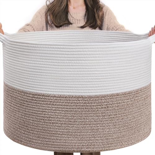 INDRESSME XXXLarge Cotton Rope Basket 21.7' x 21.7' x 13.8' Woven Baby Laundry Blanket Basket Toy Basket with Handle Storage Comforter Cushions Thread Laundry Hamper White & Brown