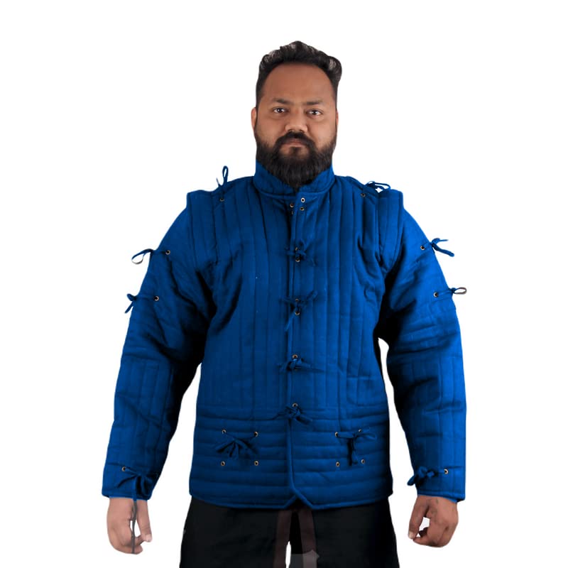 THE MEDIEVALS Gambeson Thick Padded Coat Aketon Jacket Armor, Blue Cotton Fabrics Dress SCA - 2X-Large