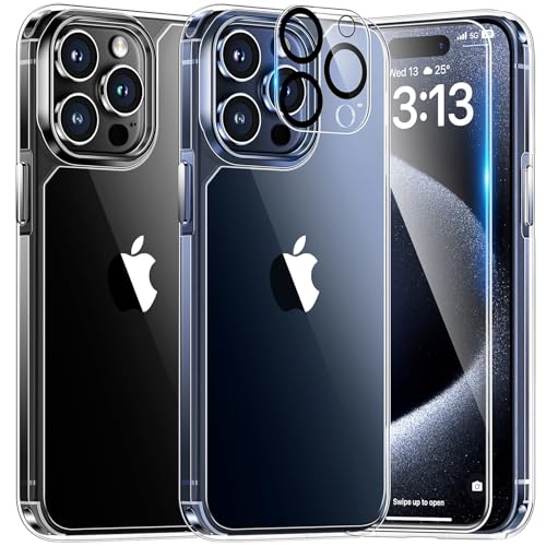 TAURI 5 in 1 for iPhone 15 Pro Max Case Crystal Clear, [Not-Yellowing & 15FT Mil-Drop Defense] with 2X Screen Protectors + 2X Camera Lens Protectors
