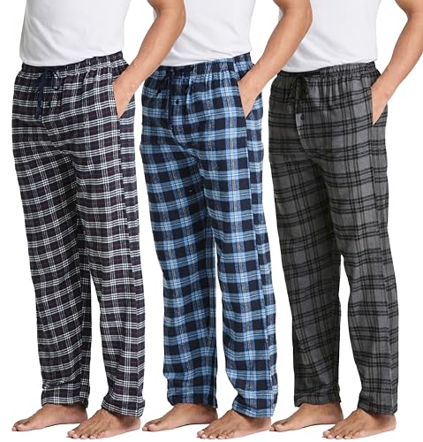 3 Pack: Mens Pajama Pants Cotton Super Soft Pajamas for Men Flannel Bottoms Fleece Buffalo Plaid Pj Gifts Lounge Pants Sleepwear Christmas Pijamas para Hombres Essentials Woven Button Fly,Set 4-L
