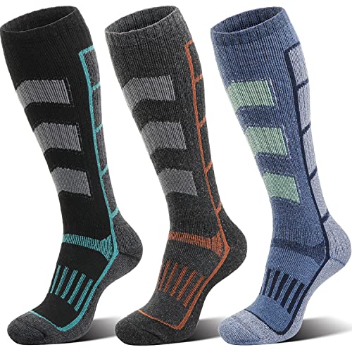 ANTSANG Mens Womens Merino Wool Ski Socks Thermal Warm Winter Thick Knee High Gift Socks Skiing Snowboarding Socks 3 Pairs(Arrow-Ski Grey/Blue A,M)