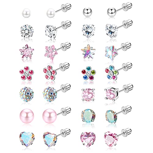 YADOCA 14 Pairs Hypoallergenic Screw Back Stud Earrings for Women Surgical Steel Tiny CZ Pearl Ball Heart Flower Screwback Earrings Studs Set Multicolored Pink