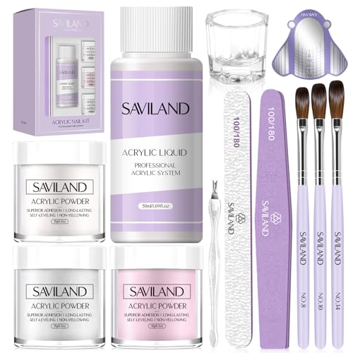 Saviland Acrylic Nail Kit: All-in-One Beginner Nail Kit 15g Clear/White/Pink Acrylic Powder and Liquid Set with Acrylic Nail Brush Nail Forms Glass Dappen Dish, Easy to Use Nails Kit Acrylic Set