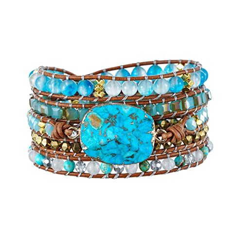 Plumiss Boho Handmade Bead Wrap Bracelets Turquoise Blue Imperial Jasper Stone Strand Bracelet
