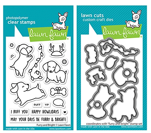 Lawn Fawn Furry and Bright 3”x4” Clear Stamp Set and Coordinating Lawn Cuts Dies, Bundle of 2 Items (LF2670 LF2671)
