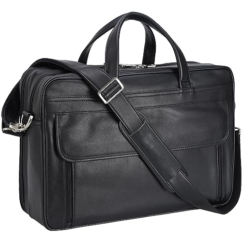 Vintage Genuine Leather Briefcase for Men 17 Inch Laptop Computer Case Business Travel Work Messenger Cross Body Shoulder Bags, Black