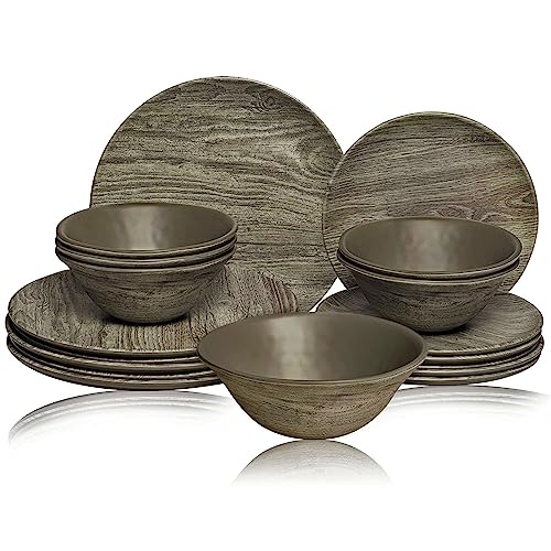 TP Dinnerware Set, Dinner Service for 6 with Salad Bowls and Dinner Plates,18-Piece Melamine Dishes Set, Wood Grain