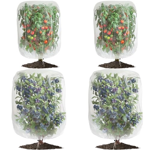 4 Pack Garden Mesh Netting for Plants, Insect Bird Netting Pest Barrier Bag with Drawstring, 2 Size Tomato Protective Cover Fruits Tree Blueberry Bush Netting Cover Bag Protection for Vegetables