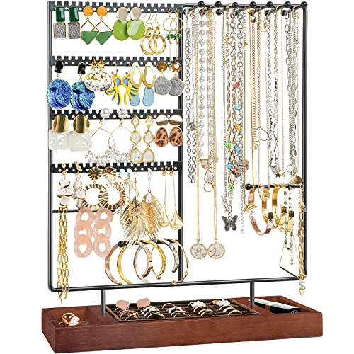 ProCase Jewelry Organizer Stand Earring Holder Organizer with 144 Earring Holes, 6 Tiers Necklace Display Rack Jewellery Tower Bracelets Holder Storage Tree with Removable Wooden Ring Tray -Black