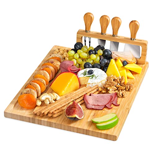 RoyalHouse Unique Bamboo Cheese Board and Knife Set - Charcuterie Boards Set & Cheese Platter with Slide-Out Cutlery Drawer - Serving Tray for Crackers, Meat, and Wine - Anniversary and Wedding Gift