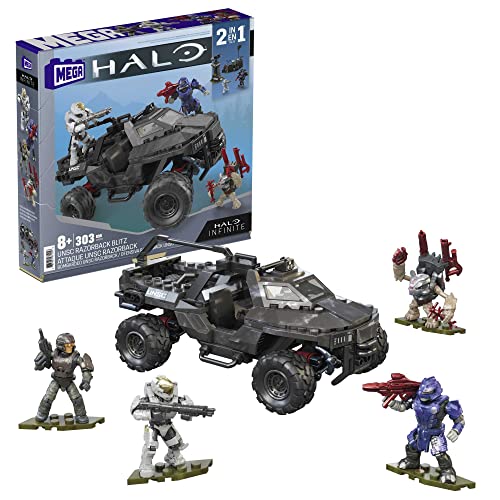 Mega Halo Infinite Toy Car Building Toys Set, UNSC Razorback Blitz Vehicle with 303 Pieces, 4 Micro Action Figures and Accessories, Gift Ideas