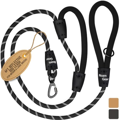 Roam Gear Black 6FT Dog Leashes - Extra Padded Two Handles, Lockable Metal Carabiner Clip, Durable Silicone Clamps, Reflective Dog Leash, No Pull Heavy Duty Dog Leash for Medium, Large, X-Large Dogs
