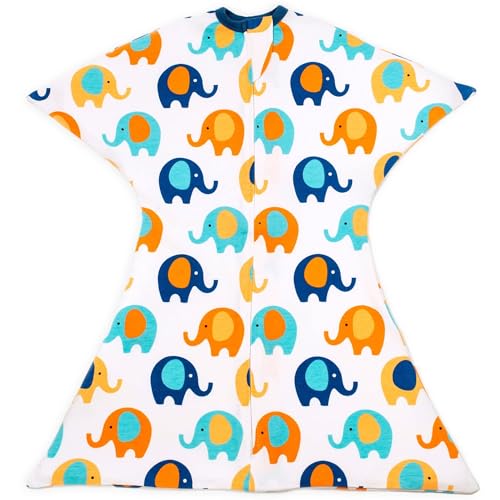 SleepingBaby Zipadee-Zip Baby Swaddling Blanket 6-12 Months - Transition Swaddle with Zipper Convenience - Blue & Orange Elephant, M