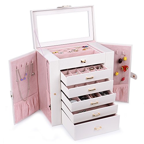 Kendal Extra Large Jewelry Box Jewelry Case PU Leather 6 Tier 5 Drawers Large Storage Capacity with Mirror Jewelry Storage Organizer Great Gift Also Good For Watches LJC-SHD5CM(White)