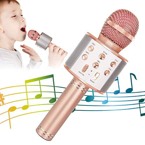 KIDWILL Wireless Bluetooth Karaoke Microphone for Kids, 5-in-1 Portable Handheld Karaoke Mic Speaker Player Recorder with Adjustable Remix FM Radio for Kids Girls Boys Teens Birthday (858-Rose Gold)