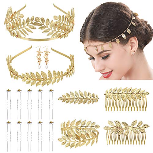 18 Pieces Greek Goddess Headband Crown Roman Laurel Leaf Bracelet Artificial Pearl Leaf Earrings Head Chain Hair Comb Pins Hair With Box Bridal Wedding Headpiece Goddess Hair Costume Accessories