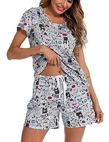 ENJOYNIGHT Women's Cute Sleepwear Print Tee and Shorts Pajama Set (XX-Large, Grey Dog)