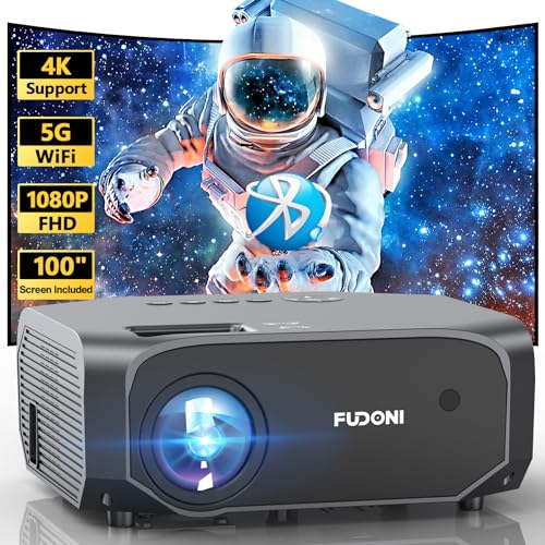 FUDONI Projector with 5G WiFi and Bluetooth, 15000L Outdoor Movie Projector Native 1080P 4k Supported, Portable Projector with Screen, Home Theater Projector for iOS/Android/TV Stick/Laptop/HDMI/USB