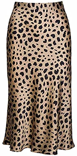 Leopard Skirt for Women Midi Length High Waist Silk Satin Elasticized Cheetah Skirts M