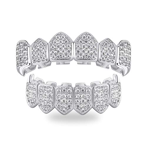 TOPGRILLZ Diamond Grills 18K Gold Plated Fully Iced Out CZ Vampire Top and Bottom Face Mouth Silver Grillz for Your Teeth Men Women with Extra Molding Bars