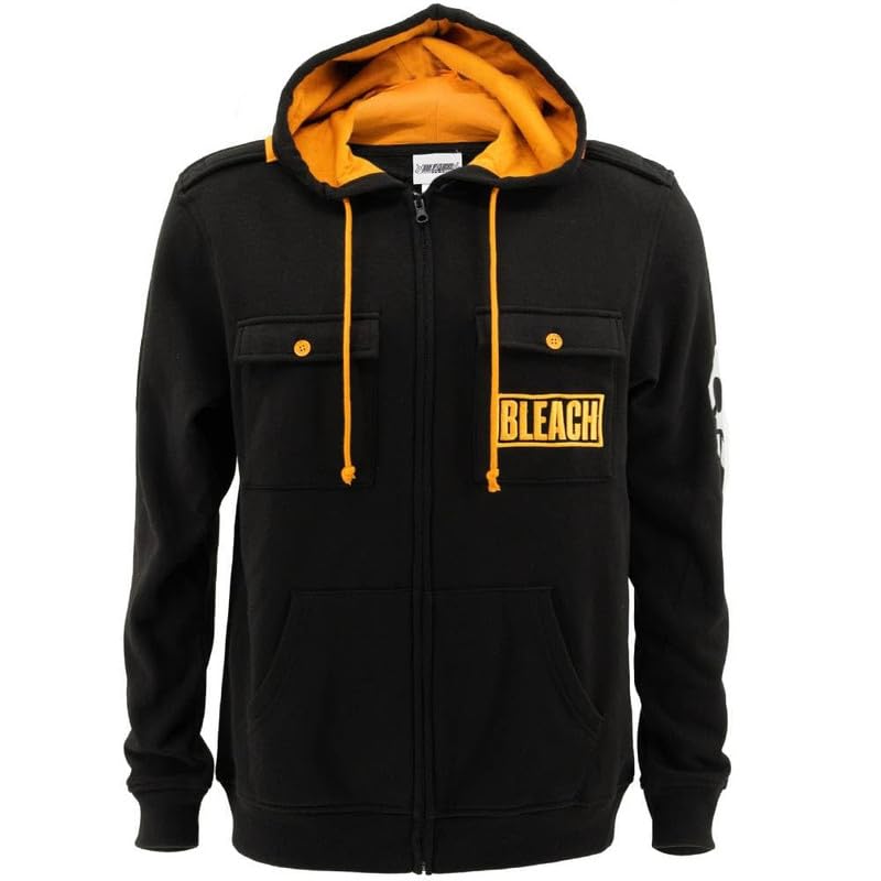 Ripple Junction Bleach Men's Full Zip-Up Hooded Sweatshirt Ichigo Kurosaki Skull Logo Anime Fleece Graphic Hoodie 2XL Black