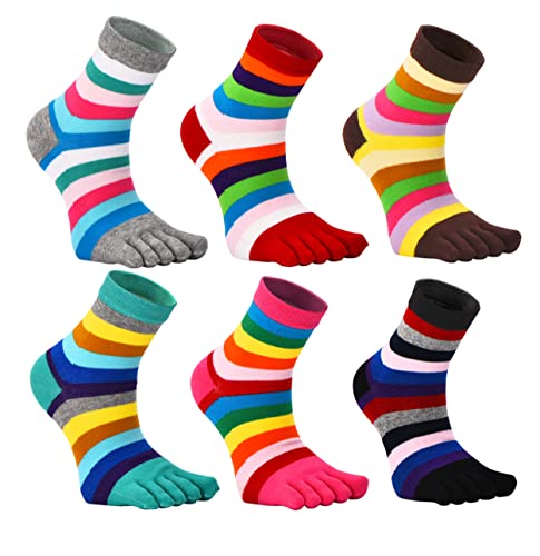 Toe Socks Women Five Toes Wicking 5 Finger Cotton Athletic Striped Crew 6 Pack