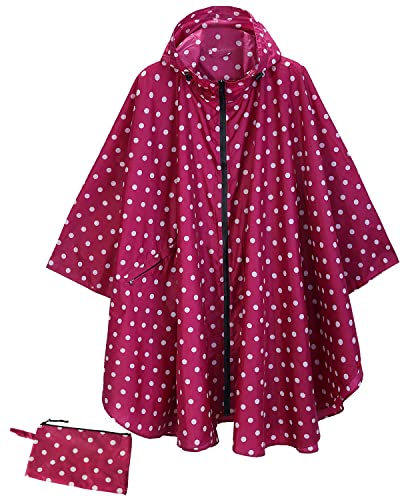 POWINSUN Fashion Hooded Rain Poncho Waterproof Raincoat Jacket with Pocket for Women/Adults (Rose Red Point)