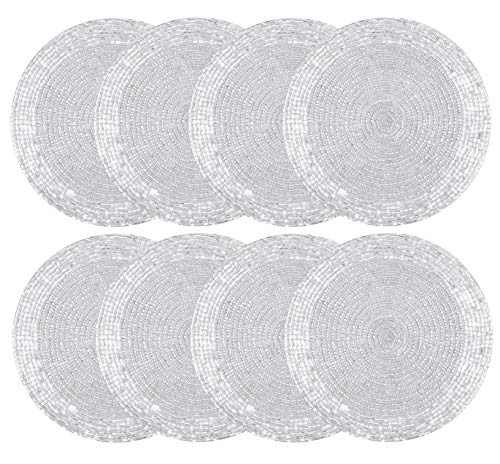 COTTON CRAFT Glitz Handmade Beaded Bar Drink Tabletop Protection Coasters - Set of 8 - Halloween Harvest Autumn Fall Thanksgiving Holiday Christmas Xmas Celebration Festive Party - 4 in Round - Silver