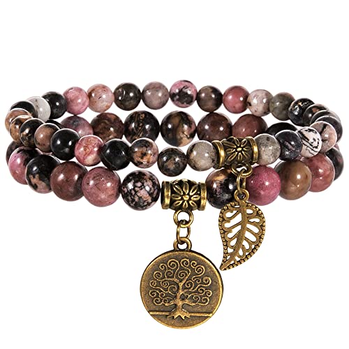 Bivei Natural Semi Precious Gemstone Beads Bracelet for Women - Tree of Life and Leaf Charm Chakra Energy Healing Anxiety Stretch Bracelets(Rhodonite Beads)