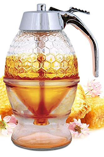 Hunnibi No Drip Glass Honey Dispenser - Beautiful Honeycomb Shaped Pot and Maple Syrup Dispenser - Great Bee Decor and Stand - Honey Jar