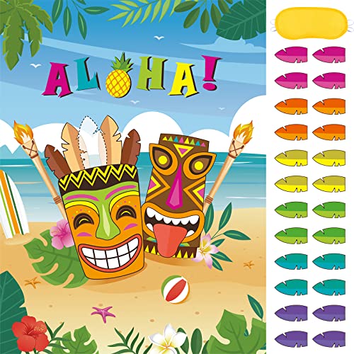 Pin The Feather on The Tiki Party Games - Hawaiian Luau Party Supplies for Kids Boys 21’’ x 28’’ Aloha Poster with 24 Pcs Stickers for Birthday Baby Shower Summer Tropical Beach Pool Activities