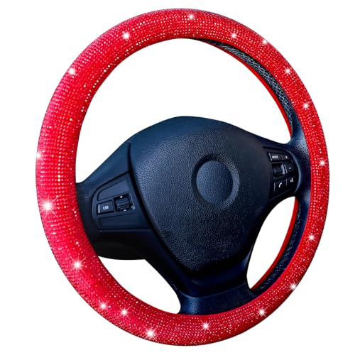 Bling Steering Wheel Cover Women Crystal Diamond Steering Wheel Cover Soft Velvet Rhinestones Wheel Protector Anti Slip Lining for Diverse Vehicle, Car, SUV, Auto and More, 15 Inch(Red)