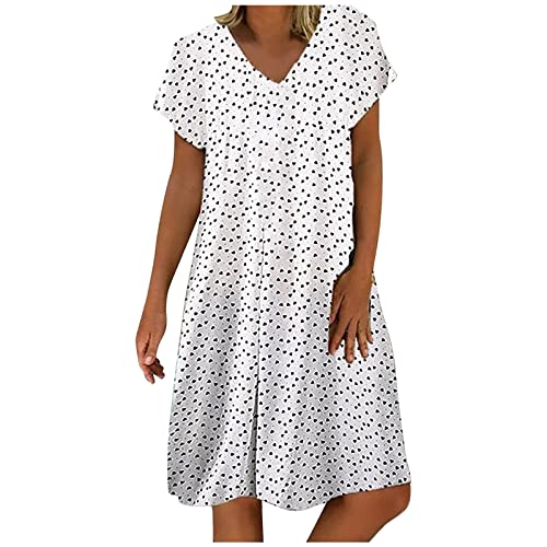 Summer Dresses for Women Plus Size 2024 Beach Loose V Neck Short Sleeve Mini Dress Sundresses Casual Polka Dots Boho Short A Line Dress（C1-White,5X-Large