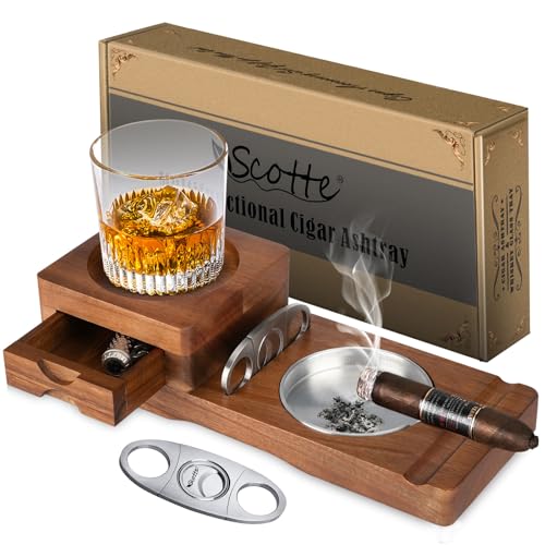 Scotte Ashtray Coaster Whiskey Glass Tray & Wooden Ash Tray with Cigar Cutter,Include Drawer and Cigar Slot Home Office Outdoor Great Cigar Accessories for Men